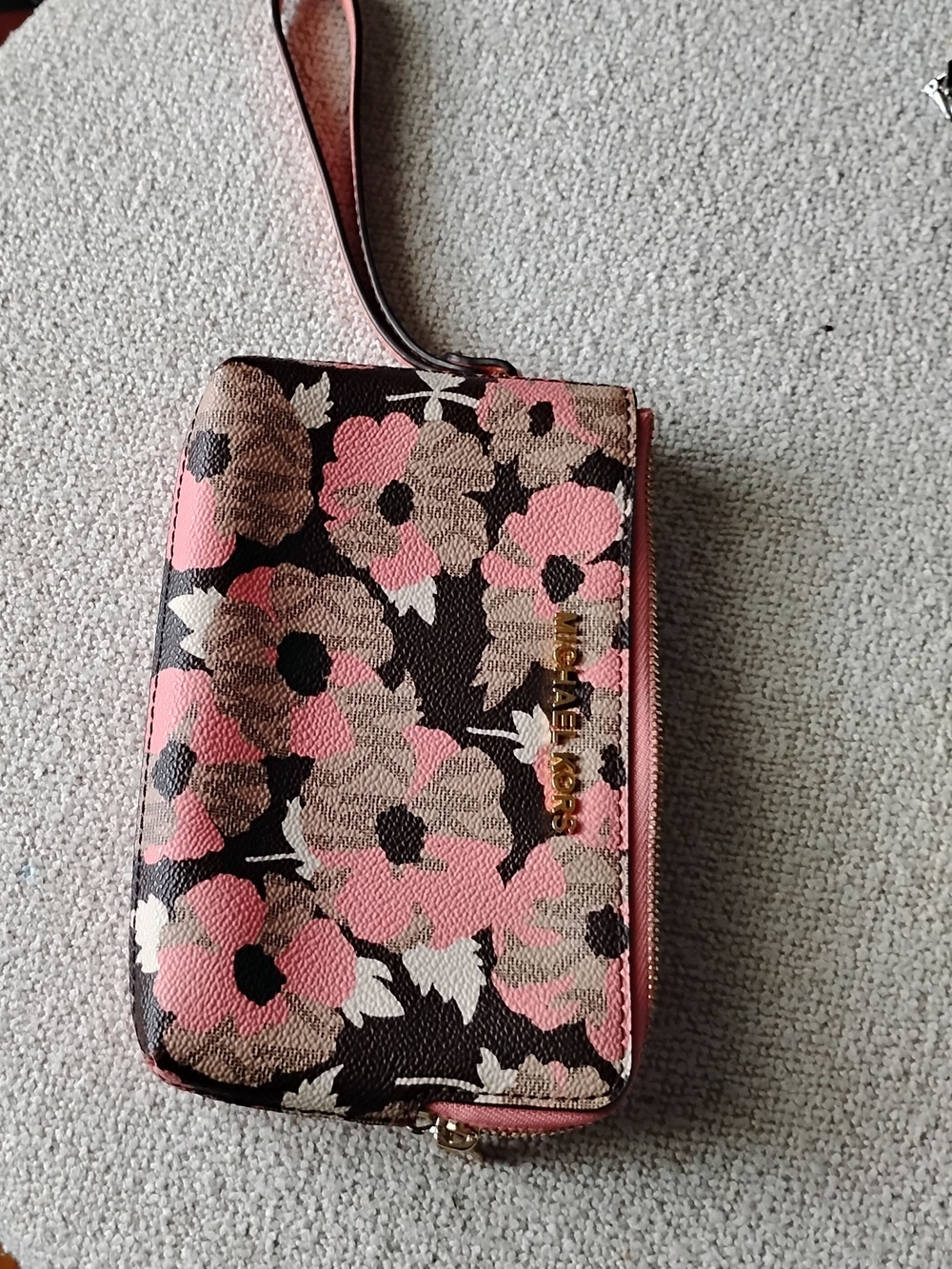 Michael Kors Pink Floral Wristlet Clutch with Brown Accents